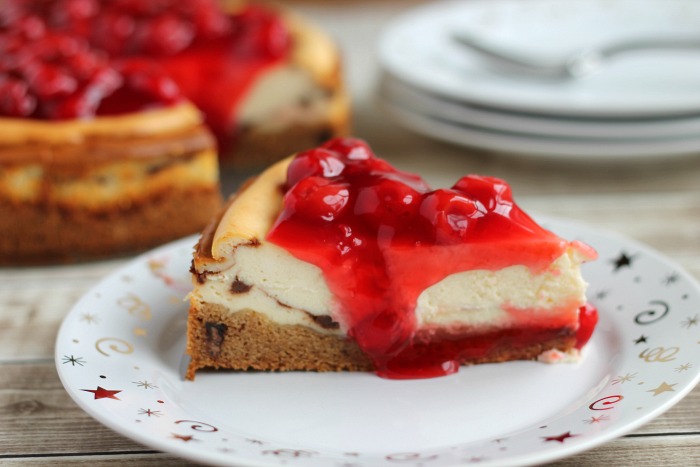 Cherry Topped Cheesecake with Triple Chocolate Chunk Cookie Crust